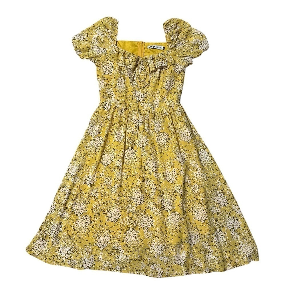 Zara Yellow Floral Cottagecore Fit and Flare Ruffle Puff Sleeve Dress Size S‎